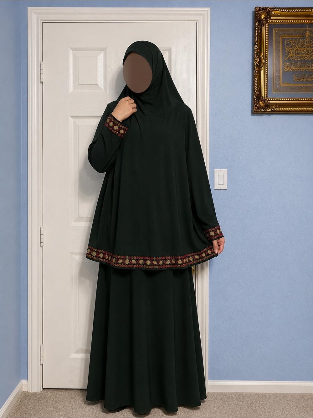 Women Elegant Dark Green Embroidered Modest prayer garment Set